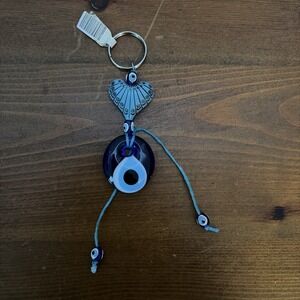 Large Evil Eye Heart Keychain Blue Diamante Beaded Tassel 6" Key Ring